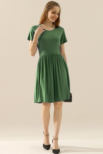 Ninexis Full Size Round Neck Ruched Dress with Pockets - AllIn Computer