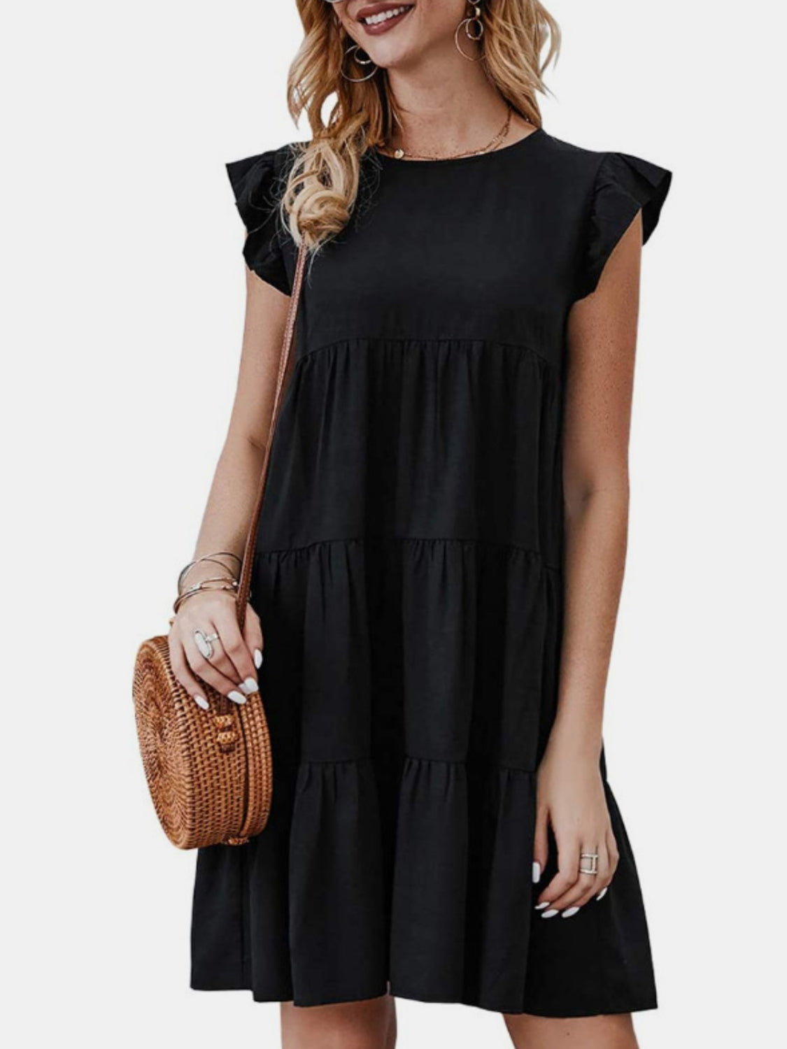 Ruffled Round Neck Cap Sleeve Mini Dress - AllIn Computer