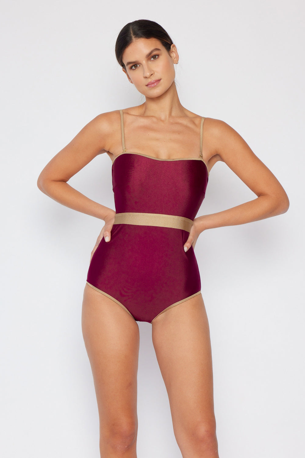 Marina West Swim Wave Break Contrast Trim One-Piece in Wine - AllIn Computer