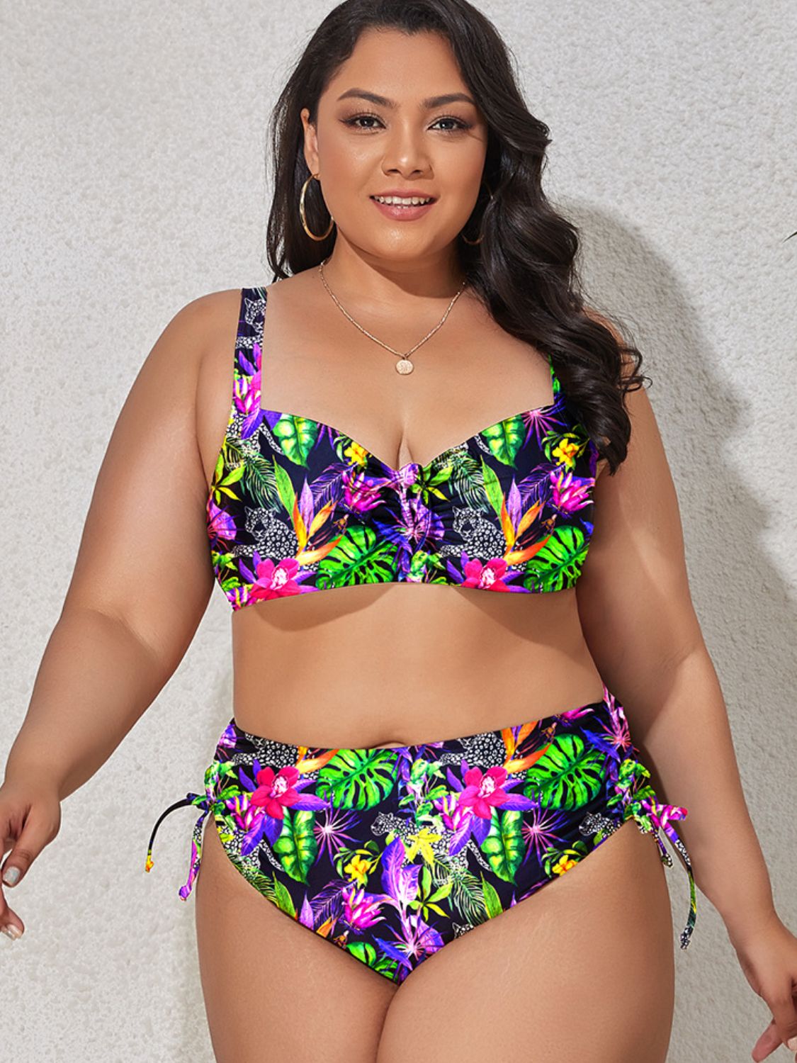 Plus Size Printed Drawstring Detail Bikini Set - AllIn Computer