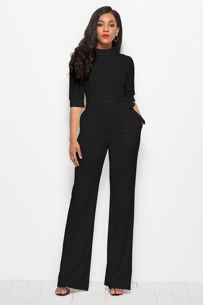 Mock Neck Tie-Waist Half Sleeve Jumpsuit - AllIn Computer