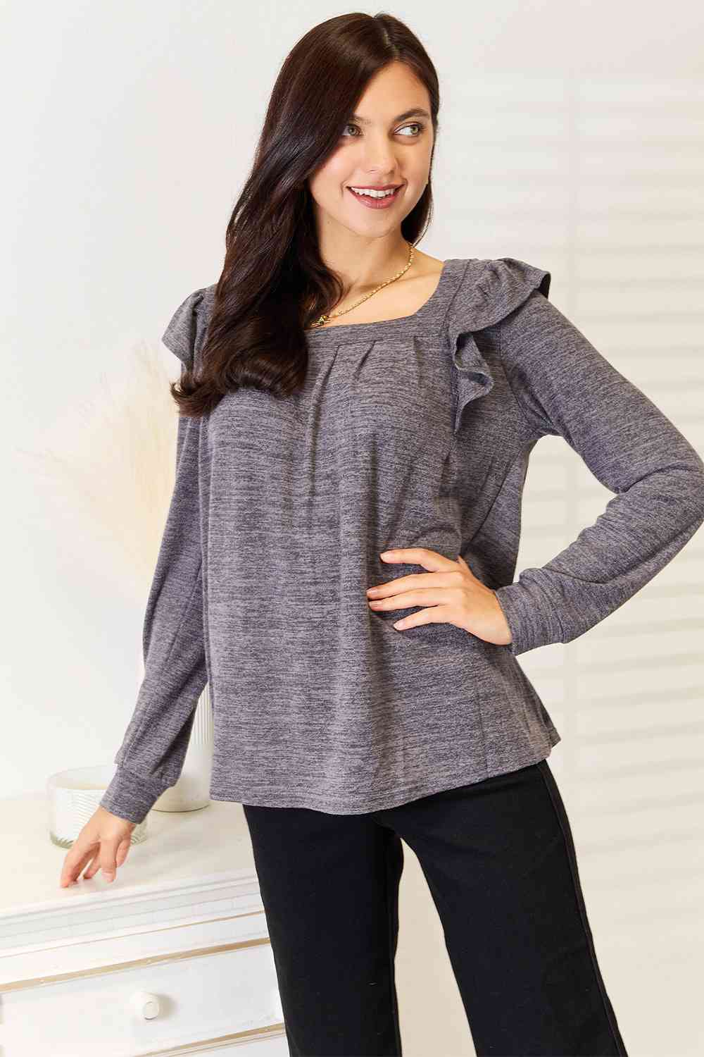 Double Take Square Neck Ruffle Shoulder Long Sleeve T-Shirt - AllIn Computer