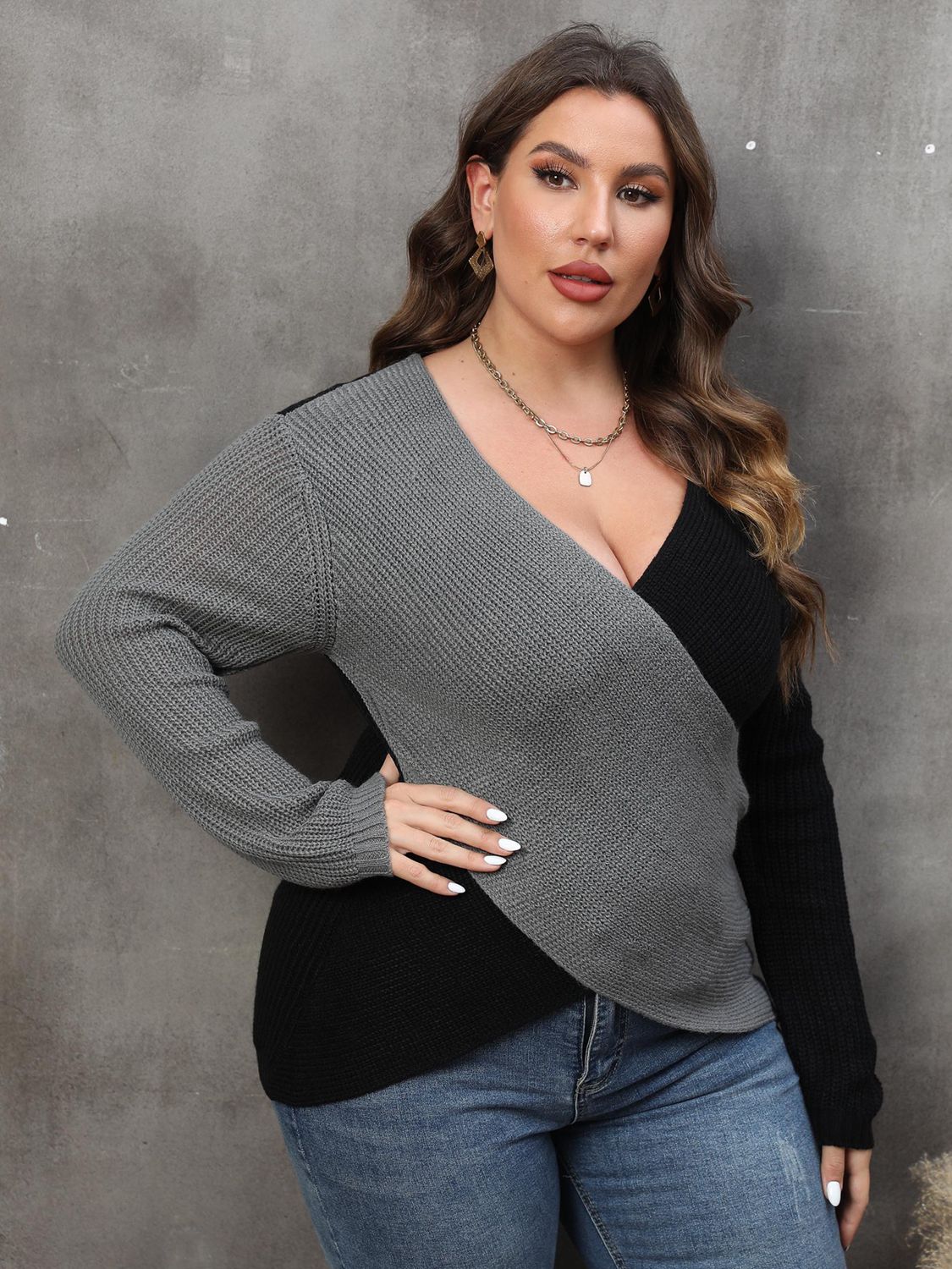 Plus Size Two-Tone Surplice Neck Sweater - AllIn Computer