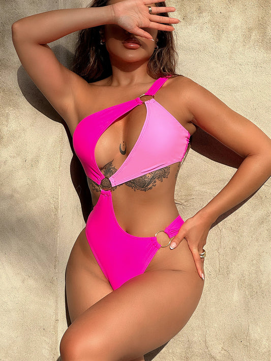 One-Shoulder Cutout Ring Detail One-Piece Swimsuit - AllIn Computer