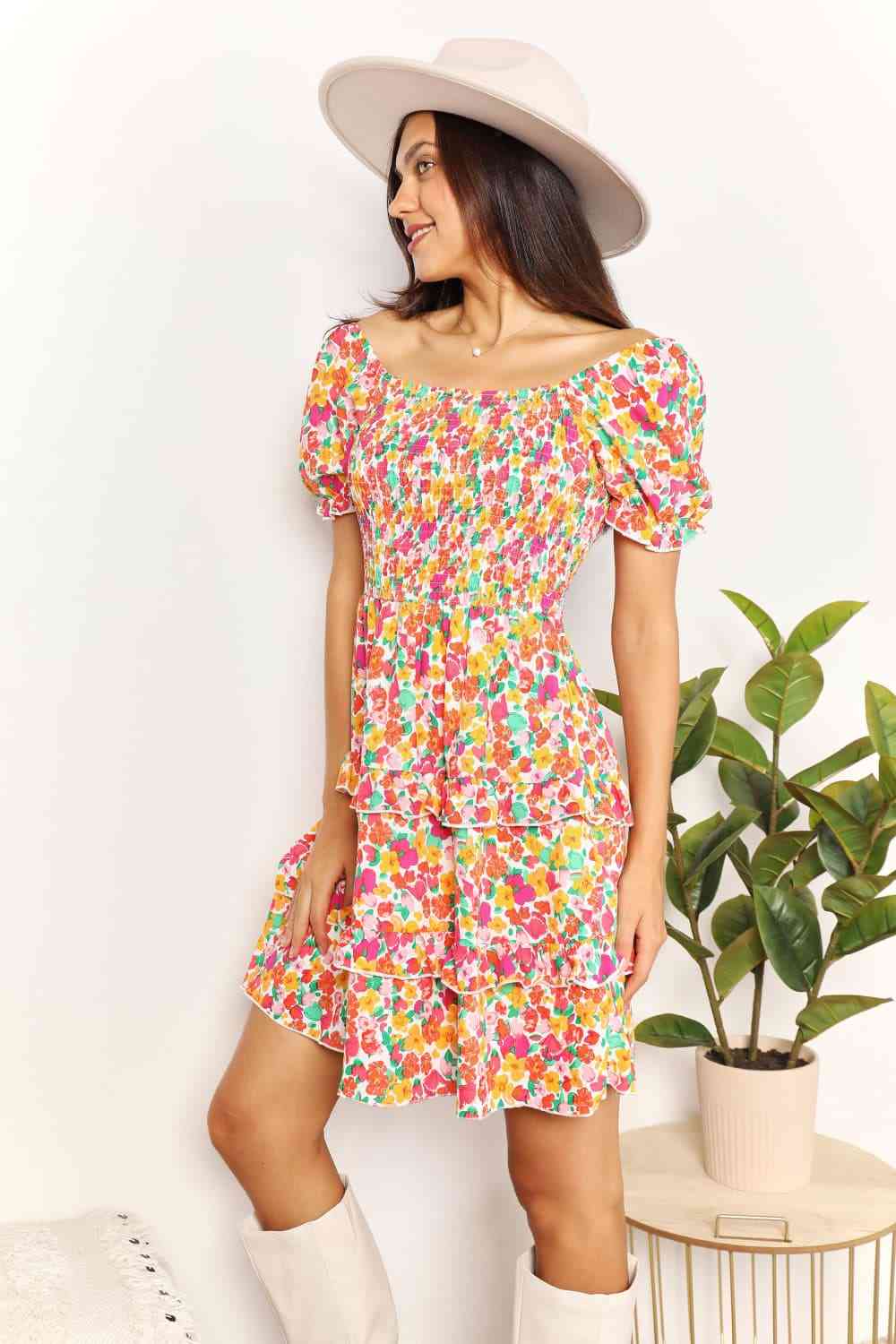 Double Take Smocked Sweetheart Neck Flounce Sleeve Mini Dress - AllIn Computer