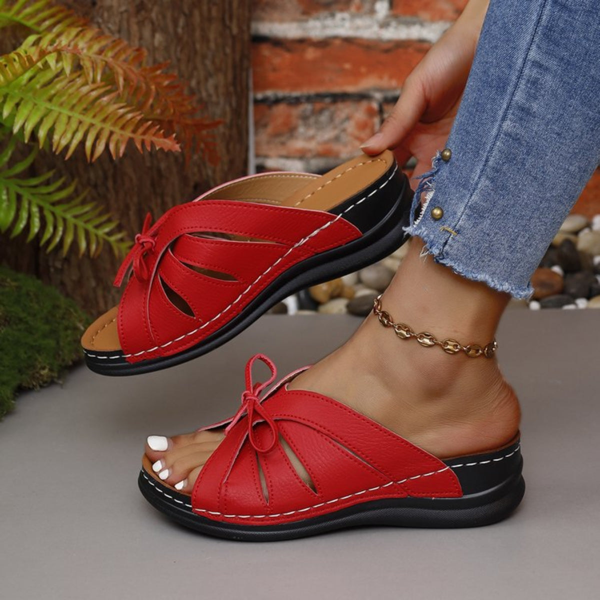Tied Open Toe Low Heel Sandals - AllIn Computer