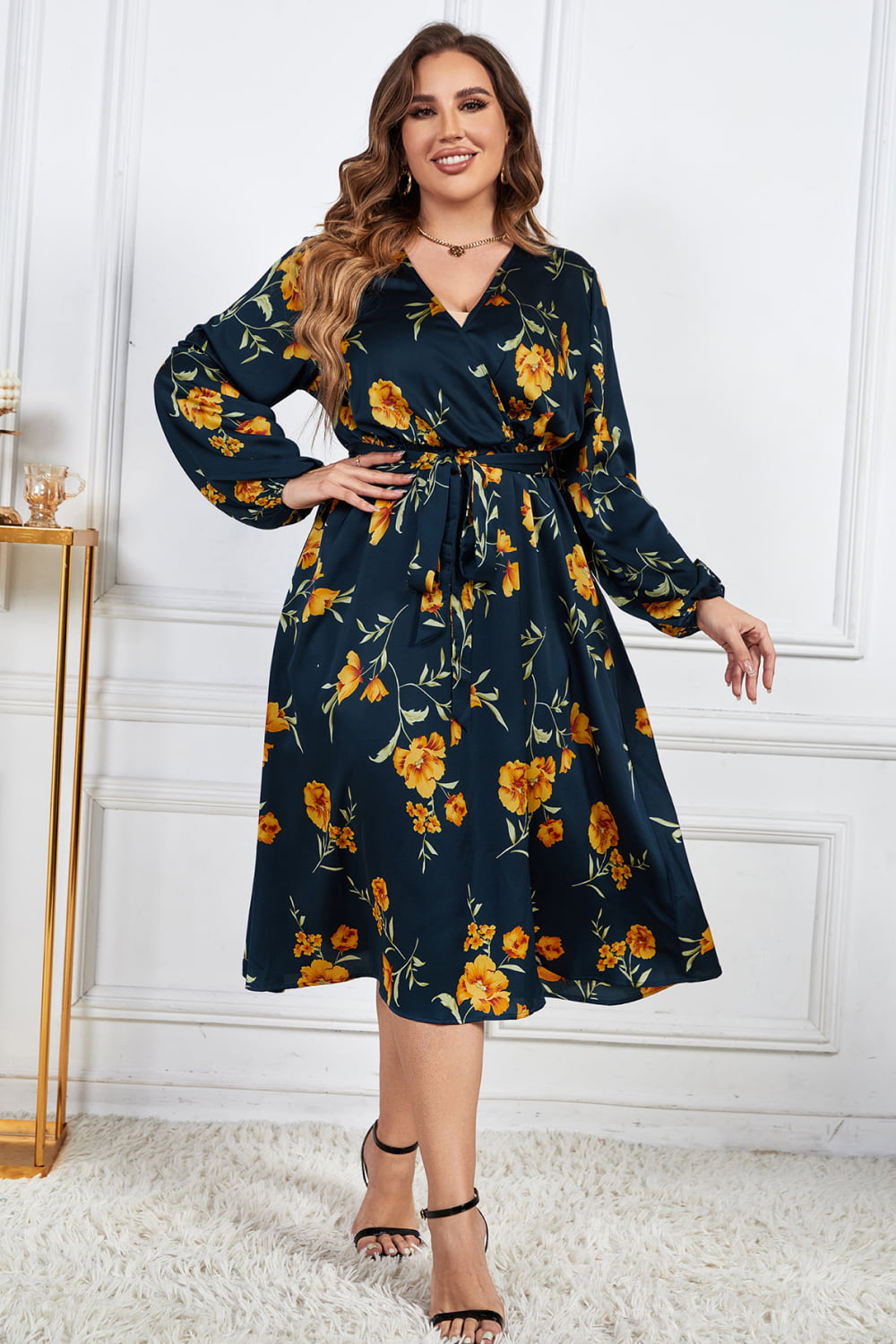 Melo Apparel Plus Size Floral Print Surplice Neck Midi Dress - AllIn Computer