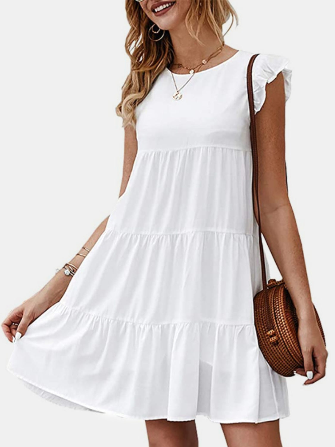 Ruffled Round Neck Cap Sleeve Mini Dress - AllIn Computer