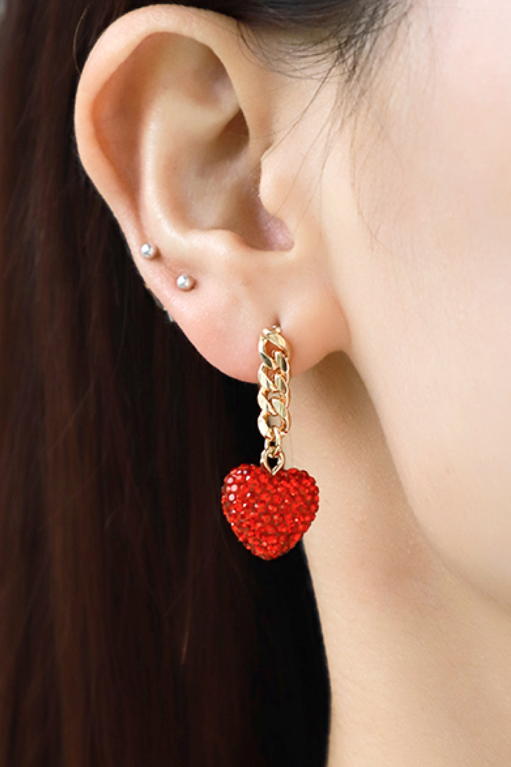 Rhinestone Heart Chain Drop Earrings - AllIn Computer