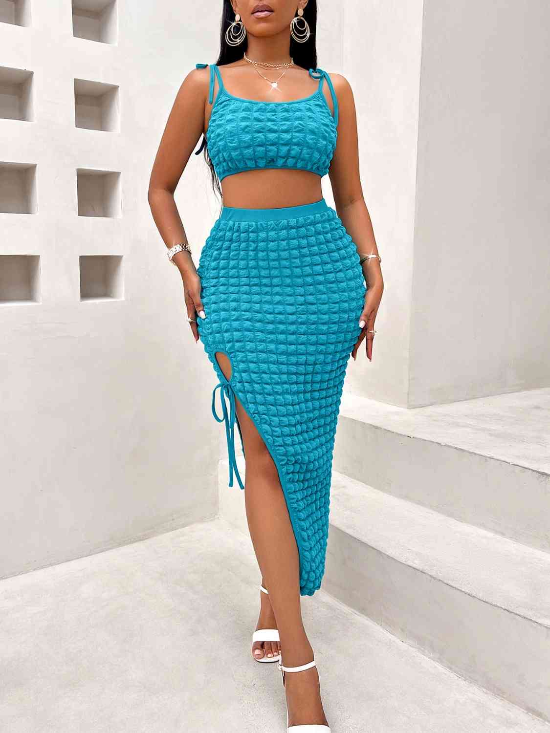 Cropped Cami and Tied Slit Skirt Set - AllIn Computer