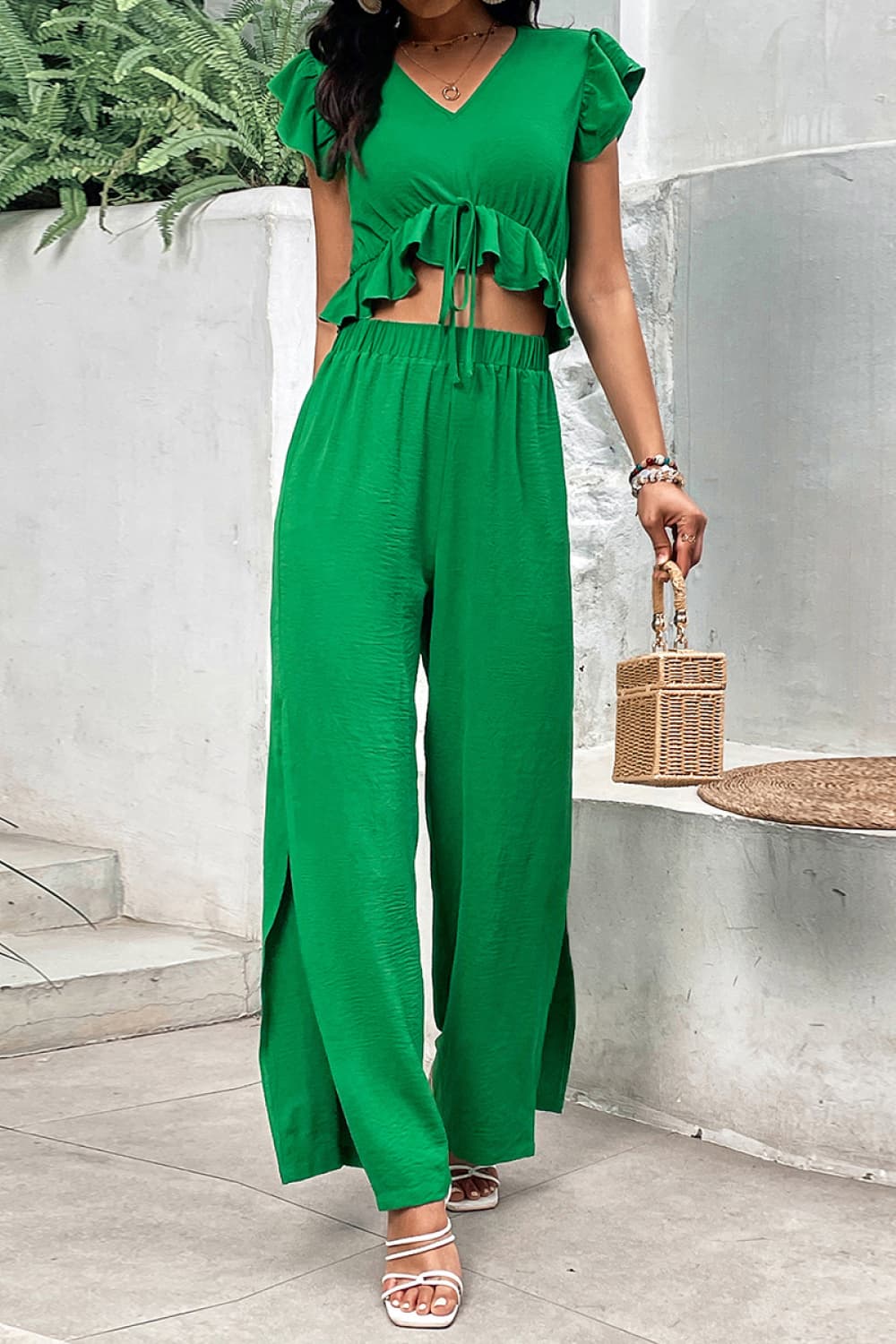 V-Neck Ruffle Hem Top and Slit Pants Set - AllIn Computer