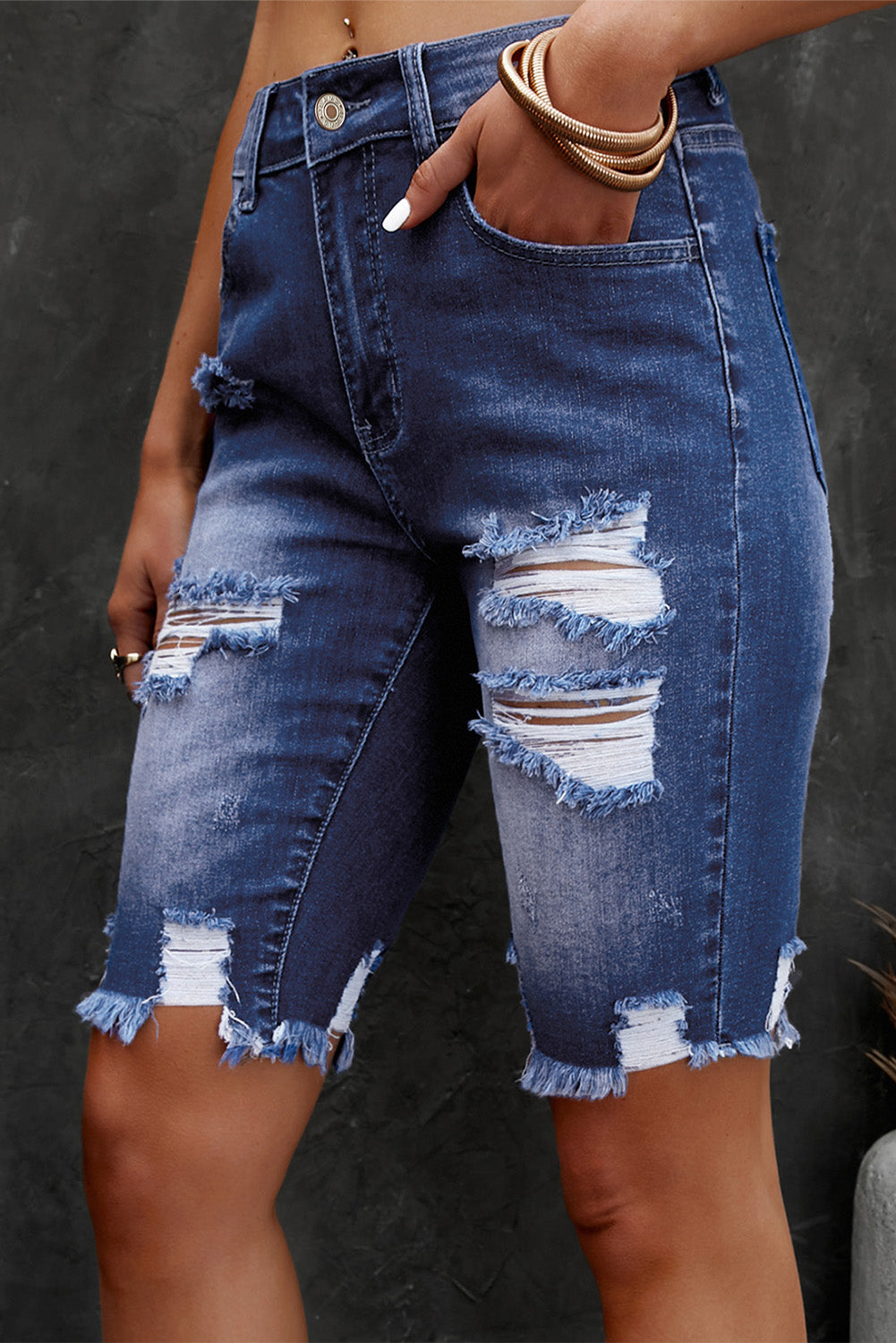 Distressed Frayed Hem Denim Bermuda Shorts - AllIn Computer