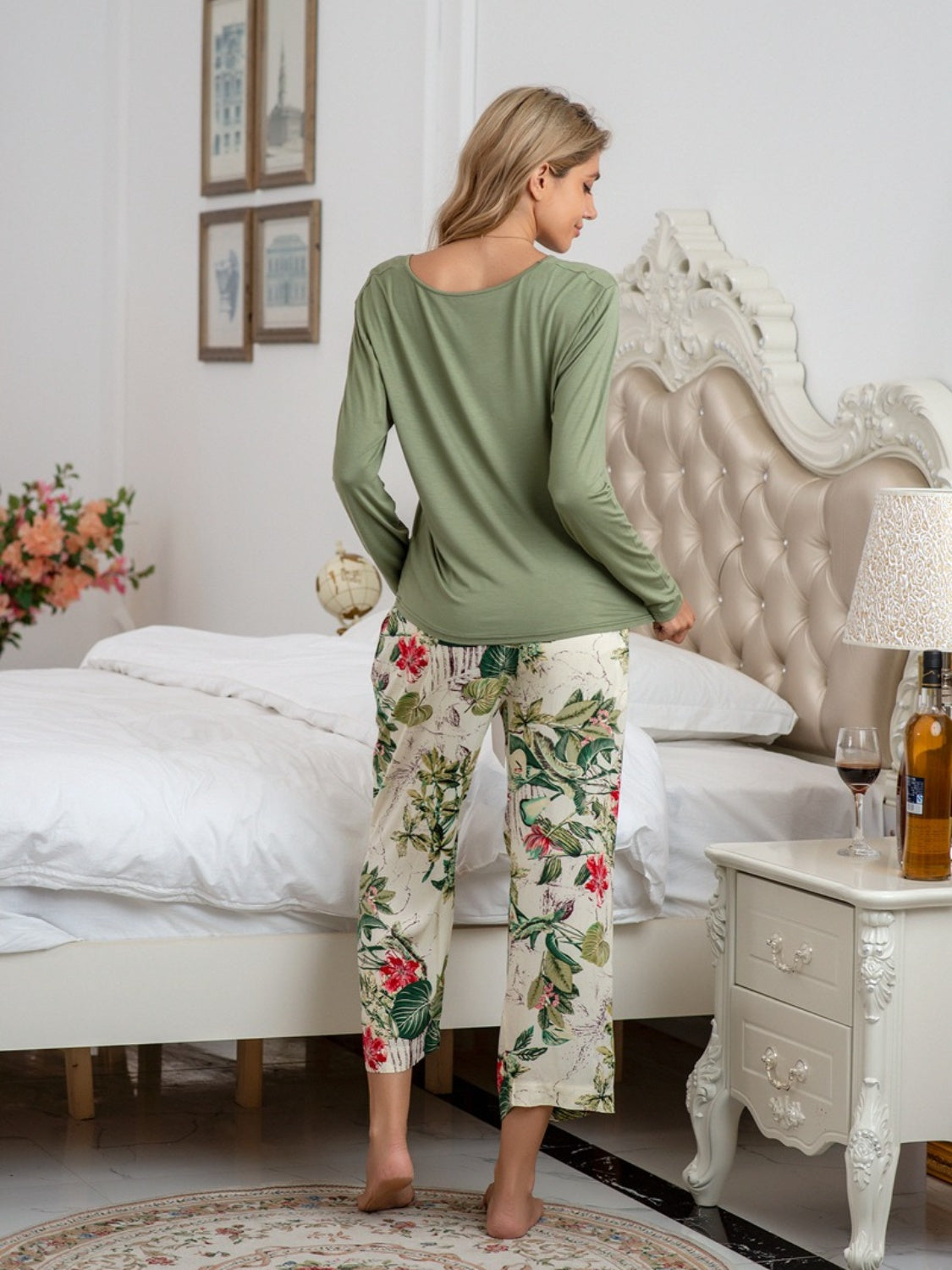 Round Neck Top and Printed Pants Lounge Set - AllIn Computer