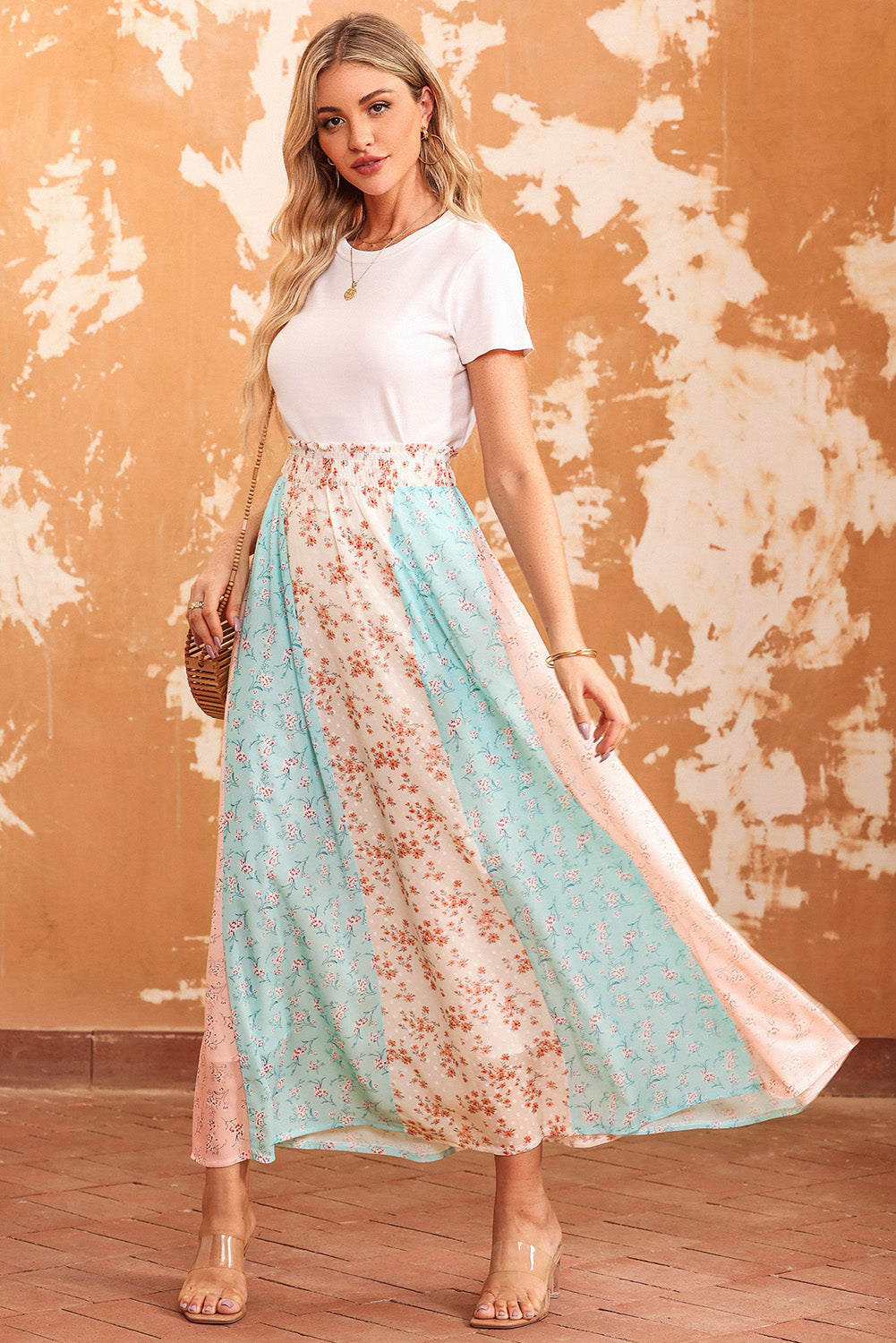Floral Color Block Smocked Waist Maxi Skirt - AllIn Computer