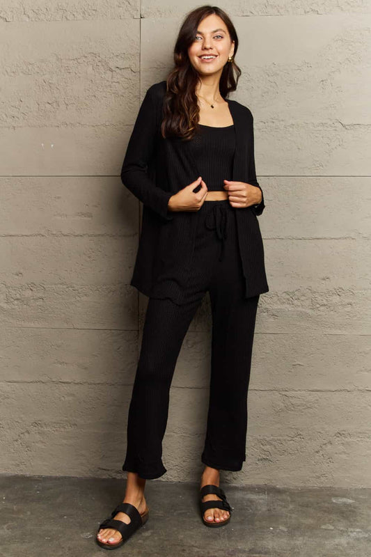 Ninexis Full Size Cropped Top, Long Pants and Cardigan Lounge Set - AllIn Computer