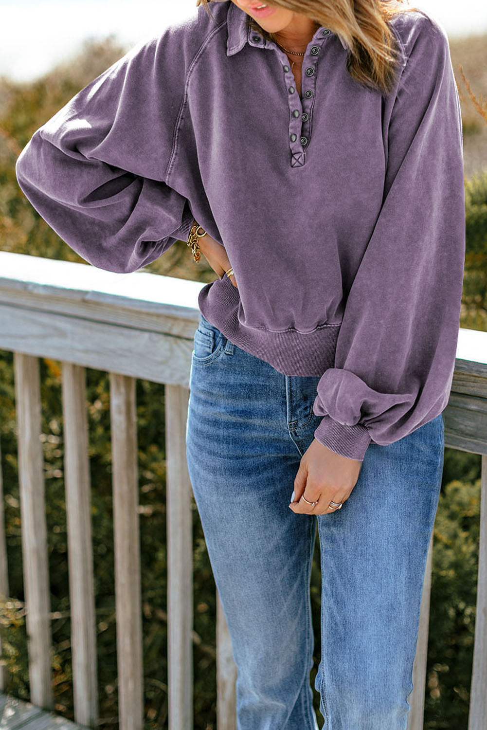 Quarter-Snap Collared Lantern Sleeve Sweatshirt - AllIn Computer
