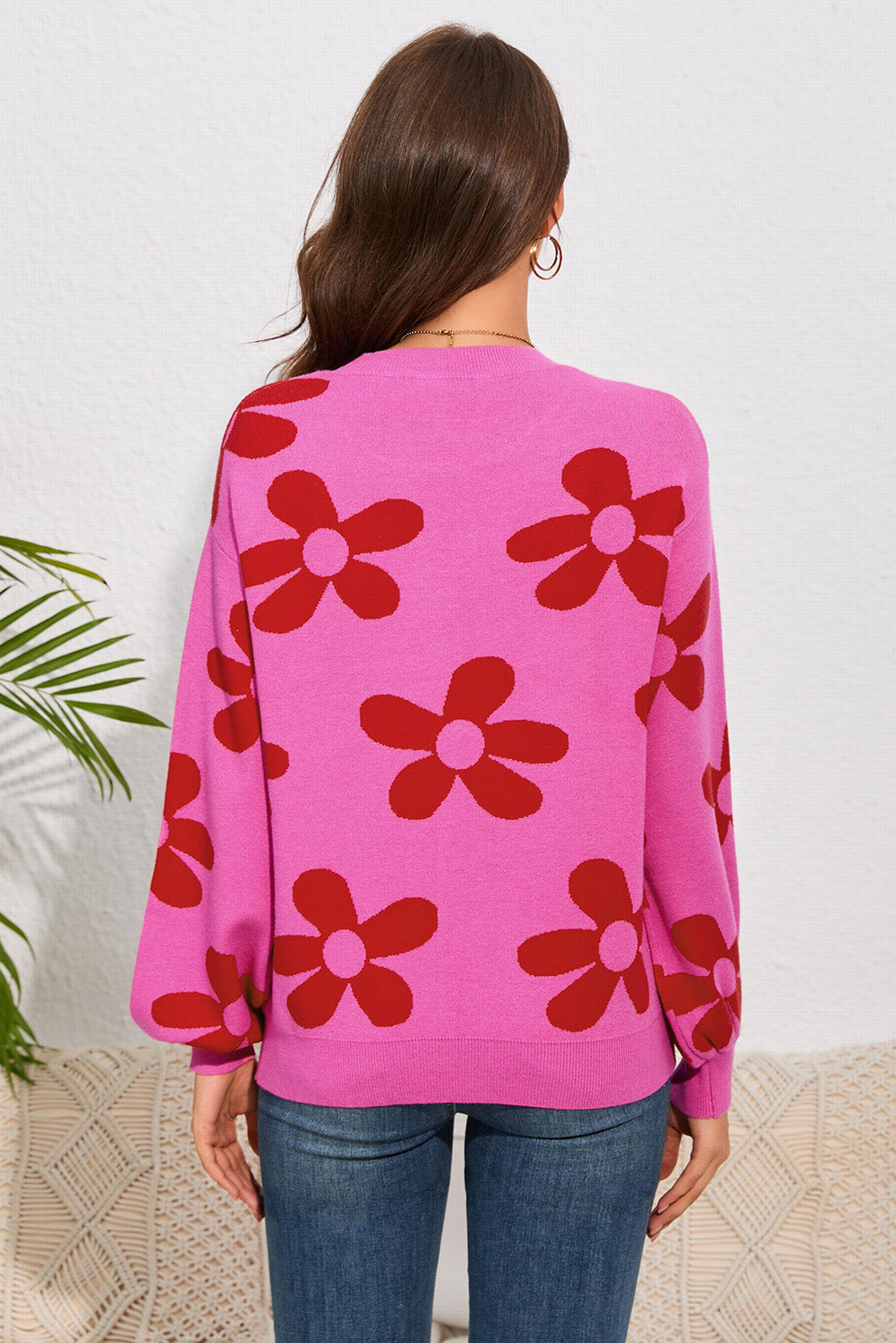 Floral Print Round Neck Dropped Shoulder Sweater - AllIn Computer