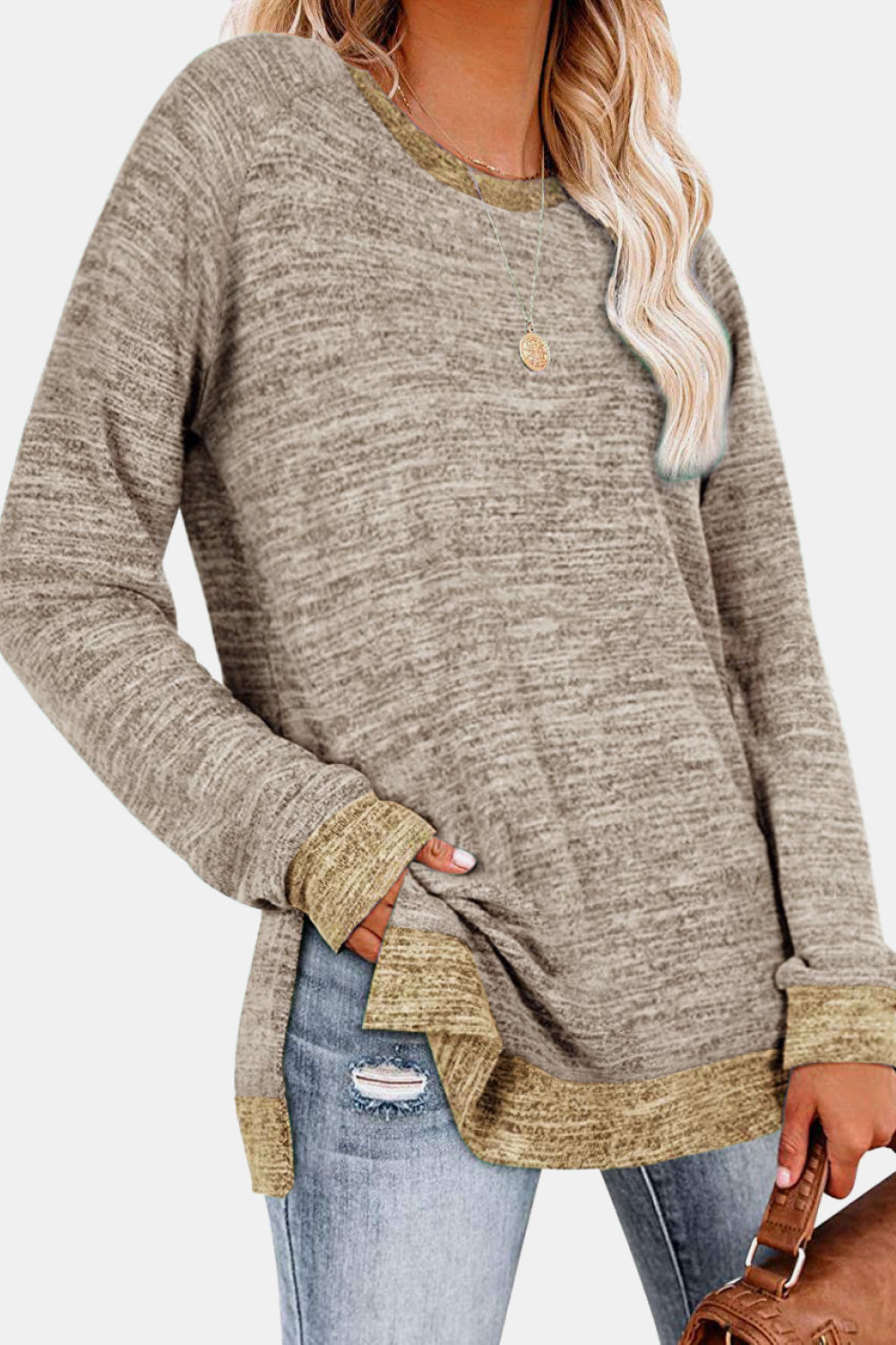 Round Neck Long Sleeve Slit T-Shirt - AllIn Computer