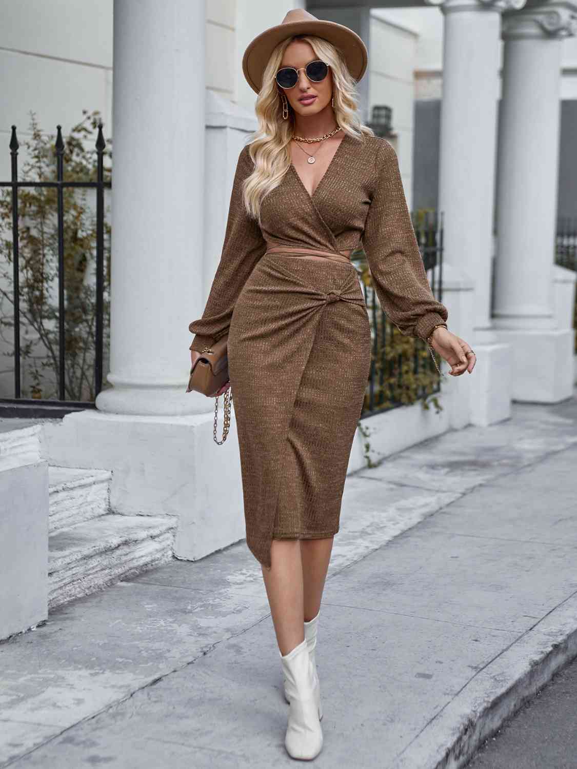 Surplice Neck Top and Knot Detail Skirt Set - AllIn Computer