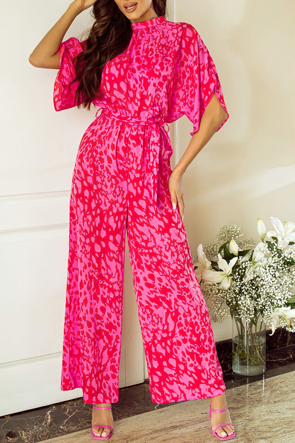 Printed Mock Neck Kimono Sleeve Jumpsuit - AllIn Computer