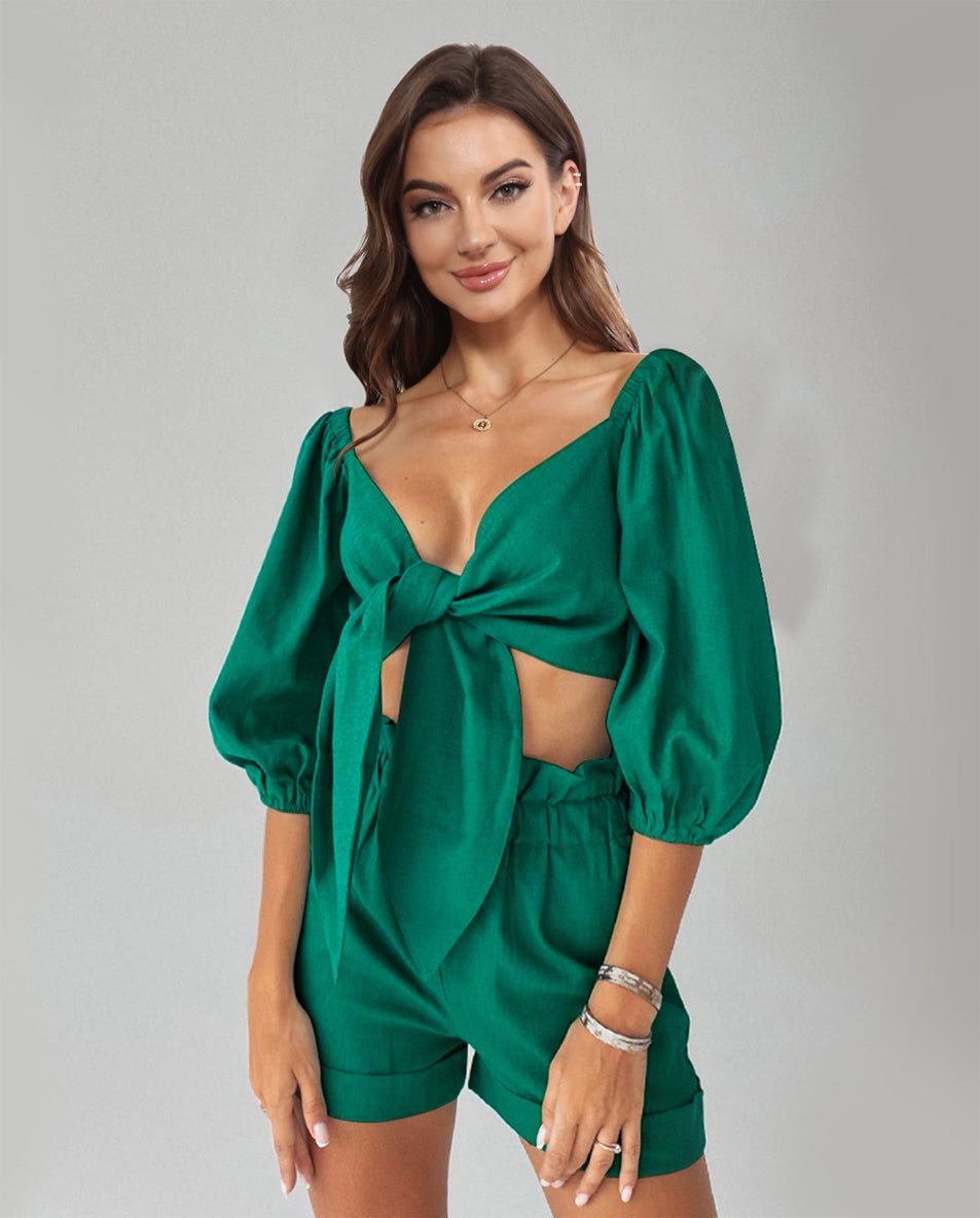 Cutout Puff Sleeve Top and Shorts Set - AllIn Computer