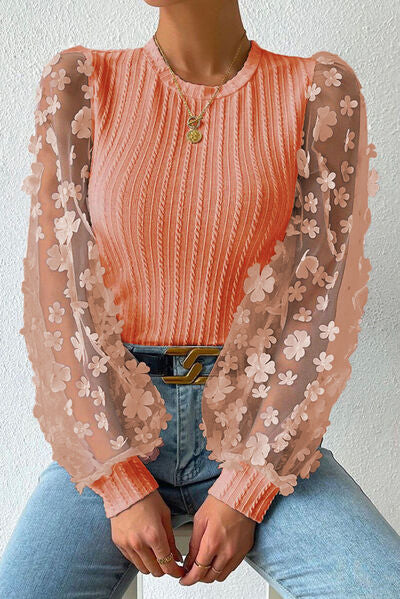 Double Take Textured Applique Long Sleeve Blouse - AllIn Computer