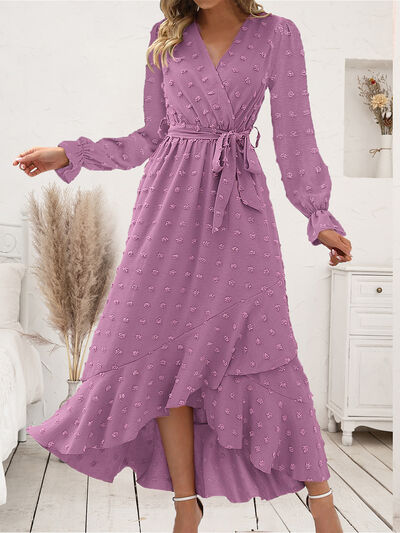 Swiss Dot Tie Waist Flounce Sleeve Dress - AllIn Computer