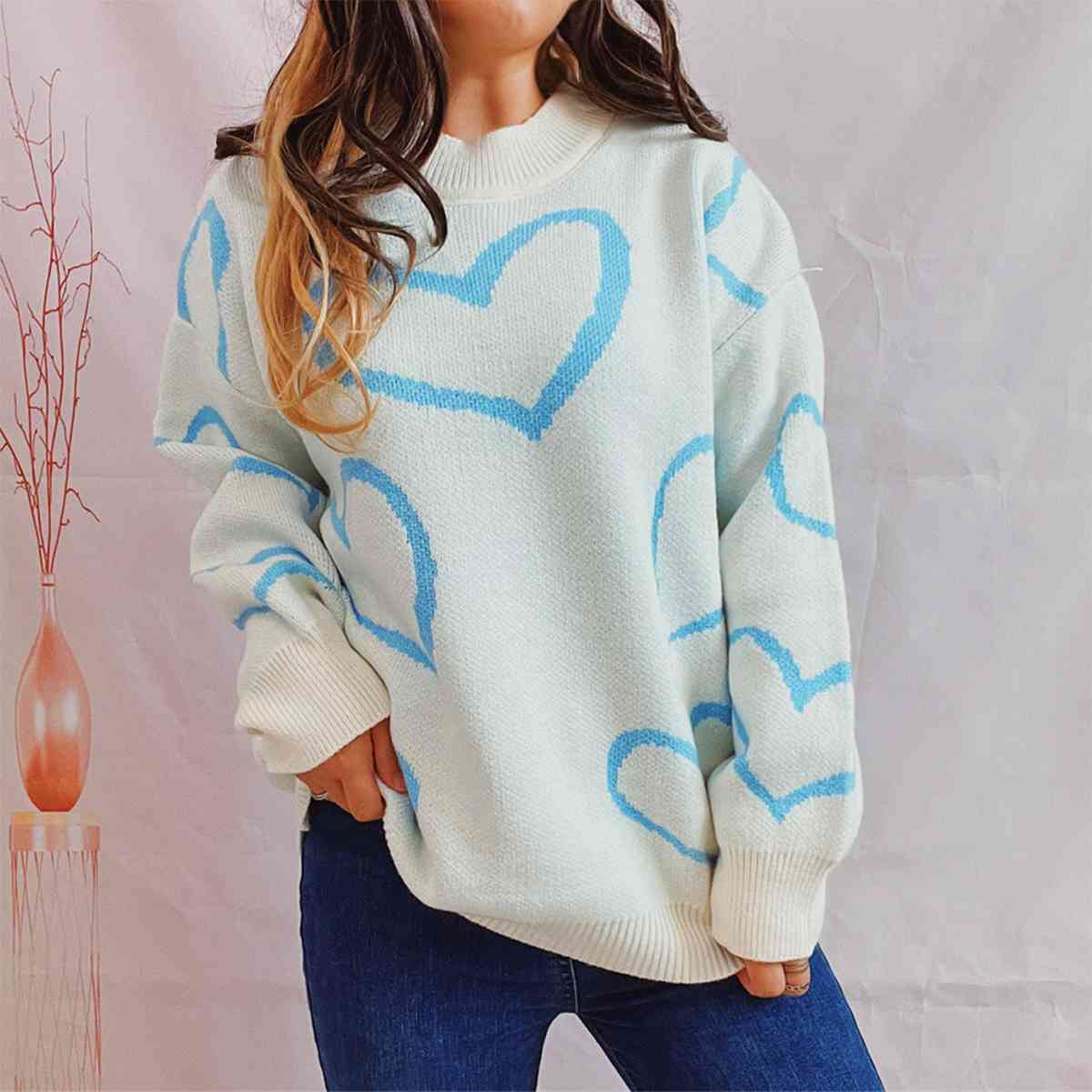 Heart Pattern Long Sleeve Sweater - AllIn Computer