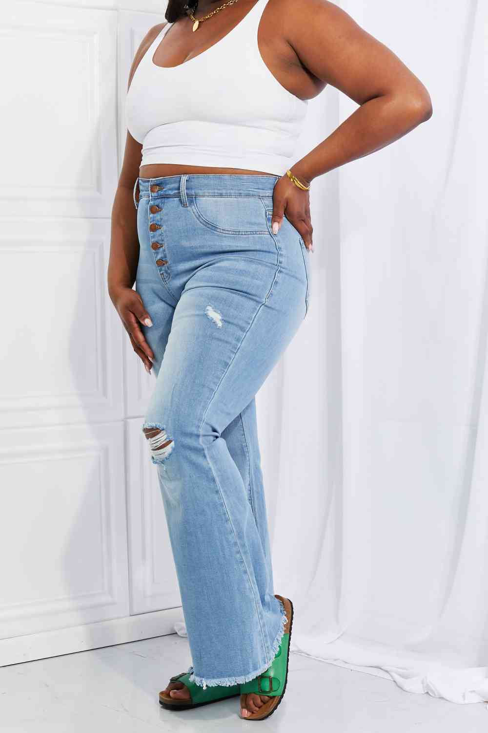Vibrant MIU Full Size Jess Button Flare Jeans - AllIn Computer