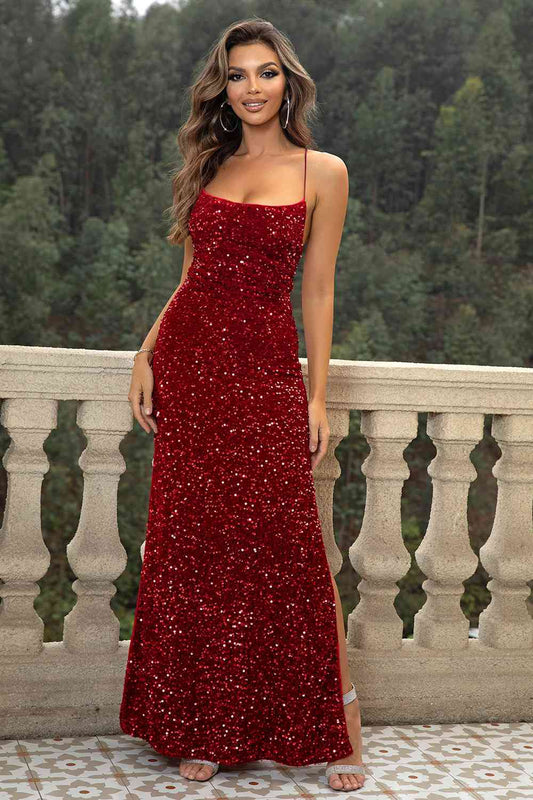 Sequin Backless Split Maxi Dress - AllIn Computer