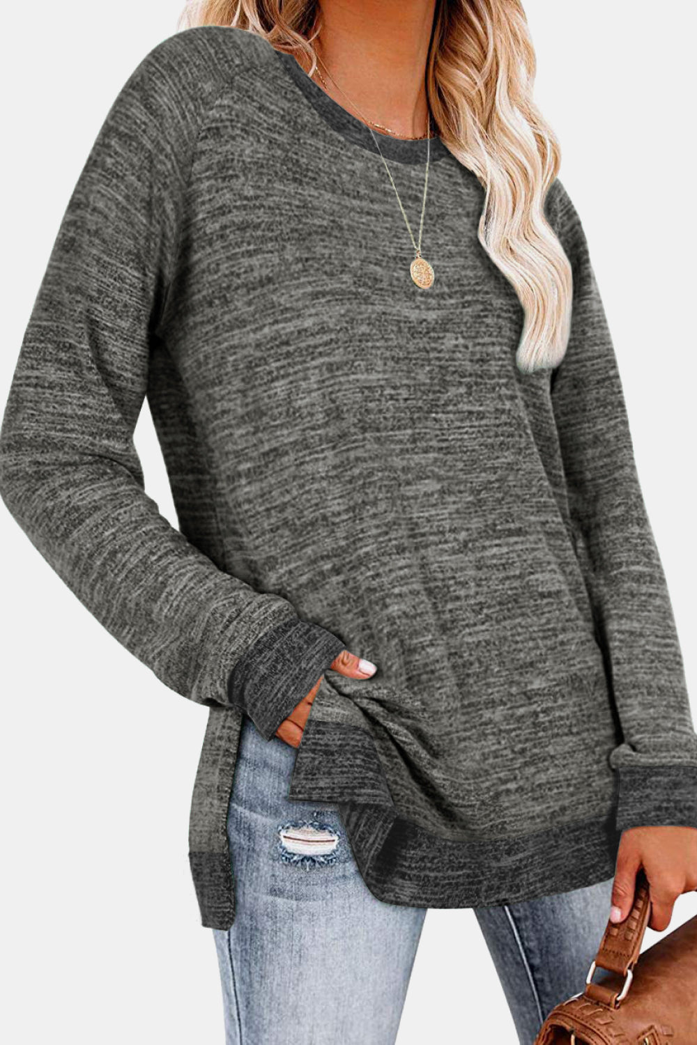 Round Neck Long Sleeve Slit T-Shirt - AllIn Computer
