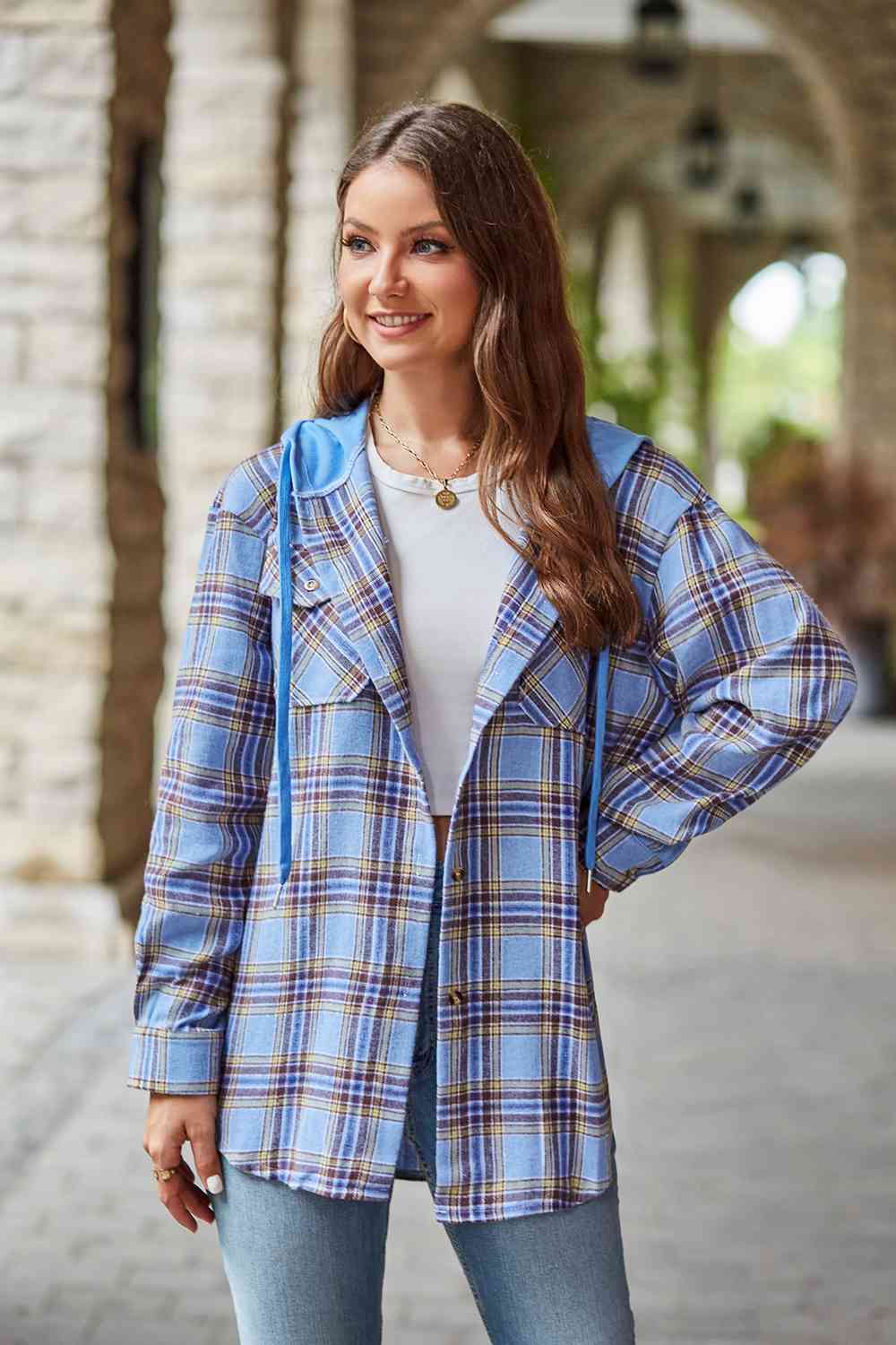 Plaid Long Sleeve Hooded Jacket - AllIn Computer