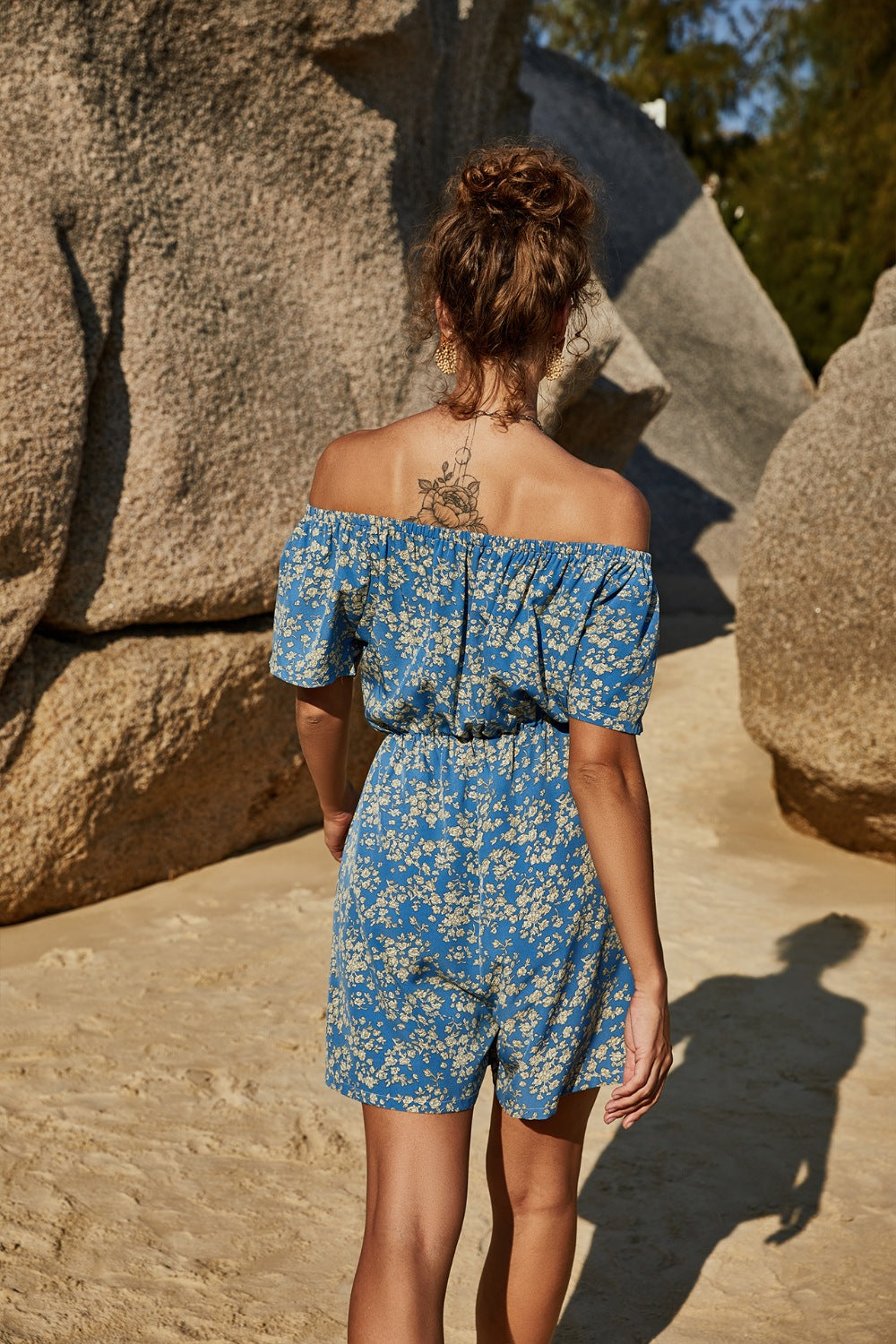 Printed Off-Shoulder Short Sleeve Romper - AllIn Computer