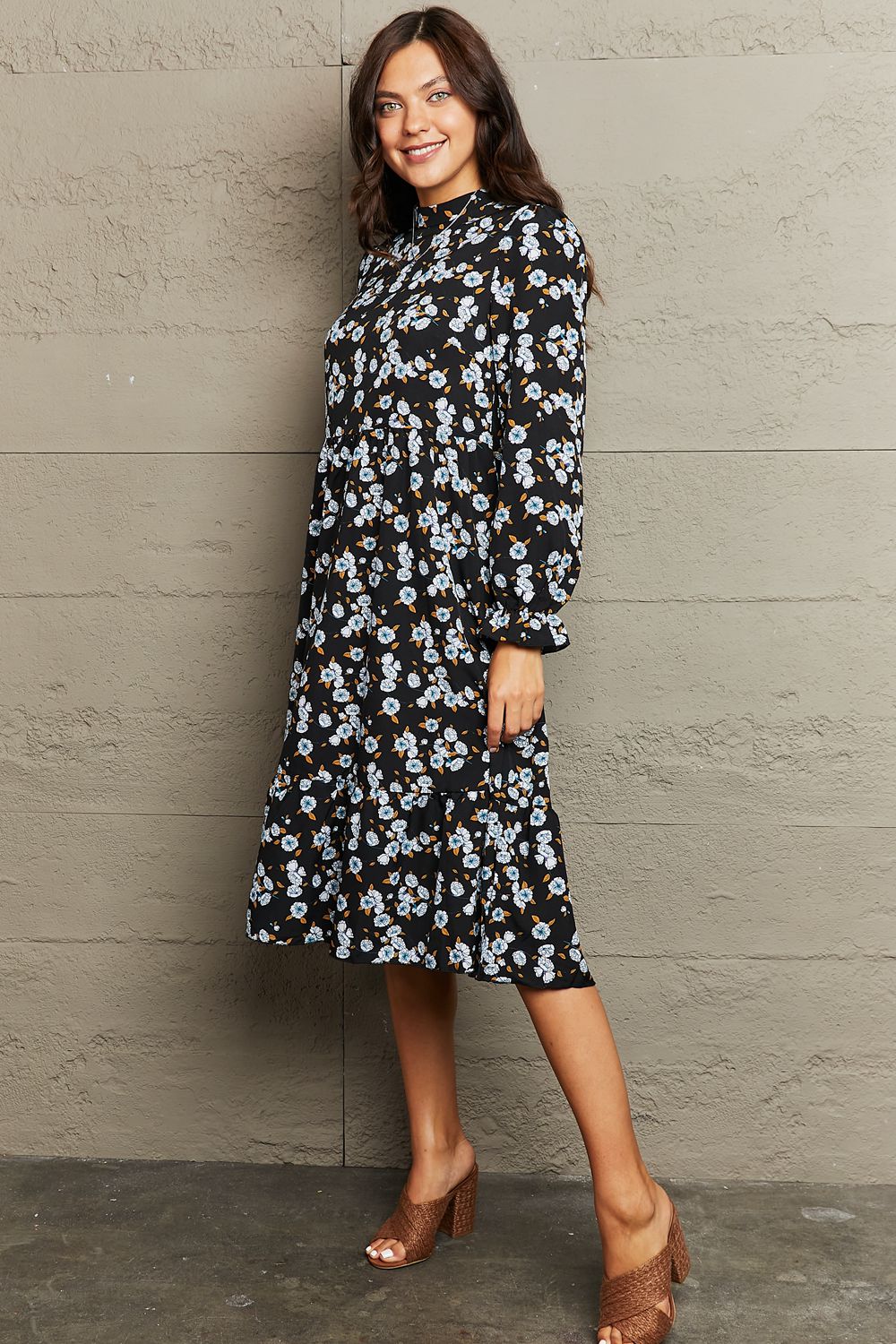 Printed Round Neck Flounce Sleeve Dress - AllIn Computer