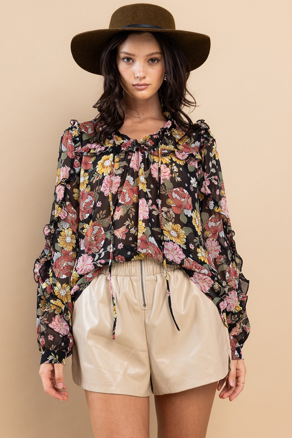 Ces Femme Ruffle Trim Long Sleeve Floral Blouse - AllIn Computer