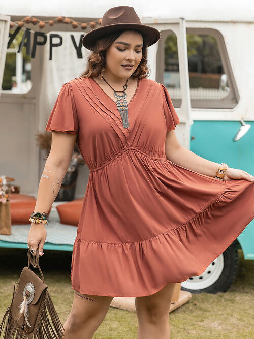 Double Take Plus Size Ruffle Hem V-Neck Short Sleeve Dress - AllIn Computer