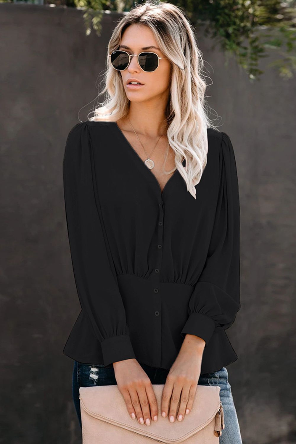 Buttoned Puff Sleeve Blouse - AllIn Computer