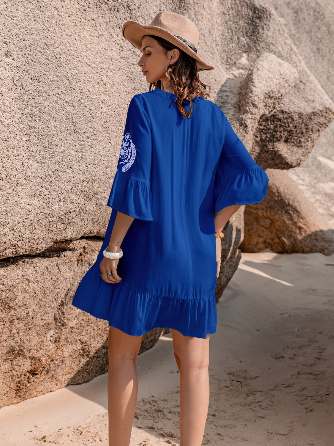 Printed Tie Neck Flounce Sleeve Mini Dress - AllIn Computer