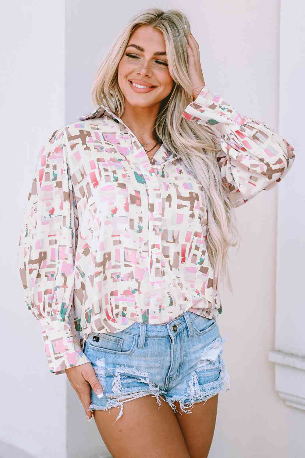 Printed Collared Neck Long Sleeve Shirt - AllIn Computer