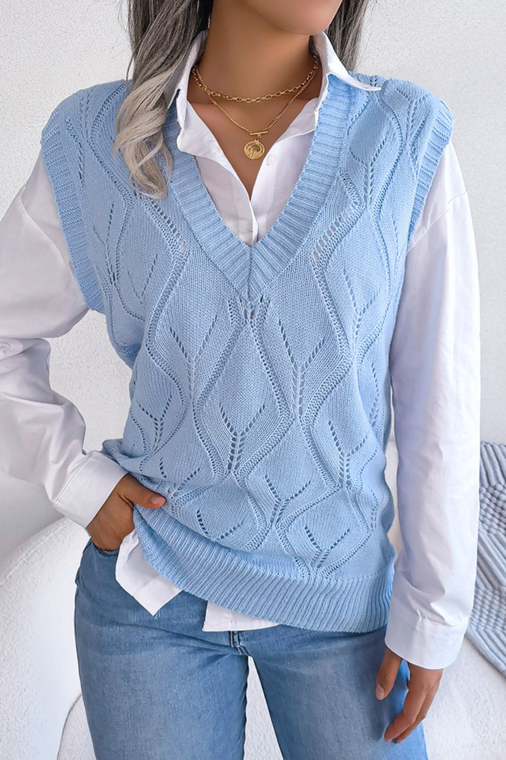 Openwork Ribbed Trim Sweater Vest - AllIn Computer