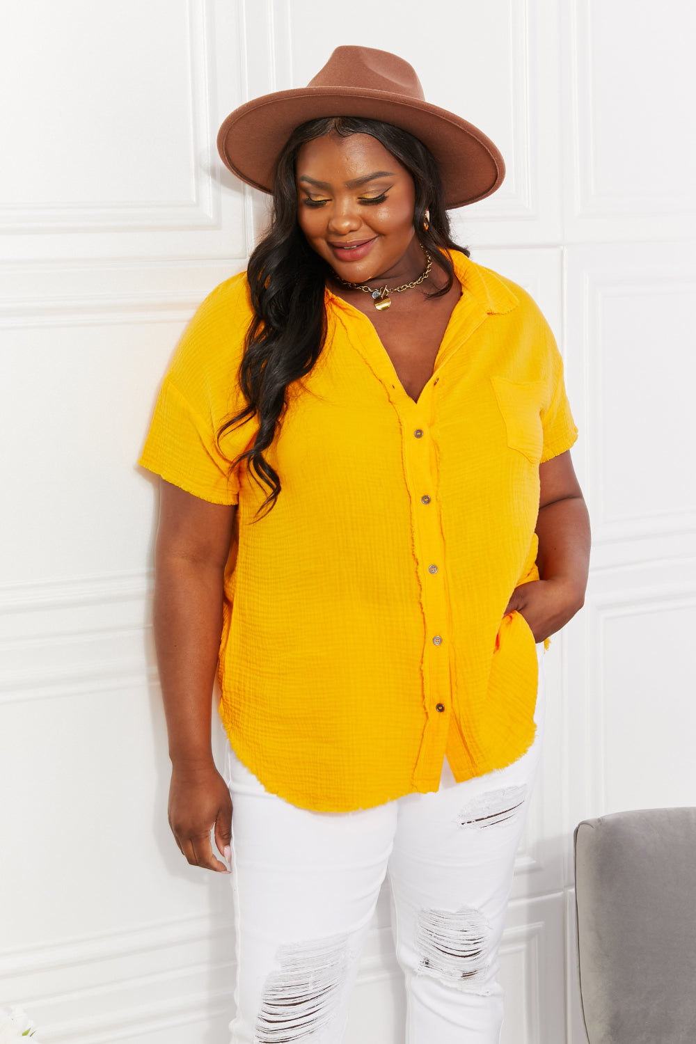 Zenana Full Size Summer Breeze Gauze Short Sleeve Shirt in Mustard - AllIn Computer