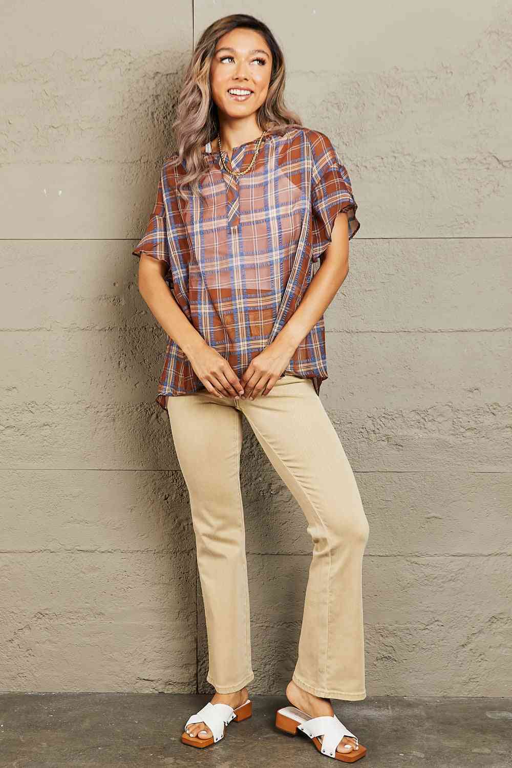 Petal Dew For You Short Sleeve Plaid Top - AllIn Computer