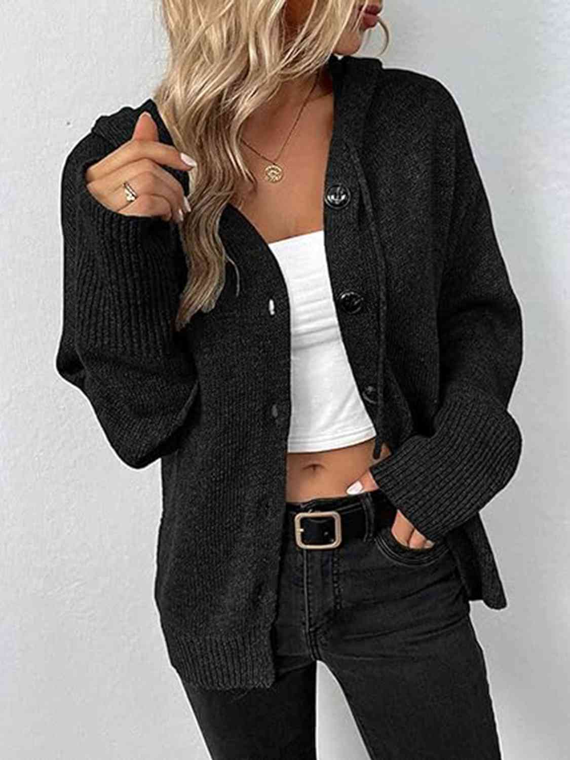 Button Up Drawstring Long Sleeve Hooded Cardigan - AllIn Computer