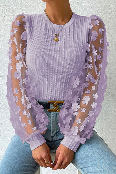 Double Take Textured Applique Long Sleeve Blouse - AllIn Computer