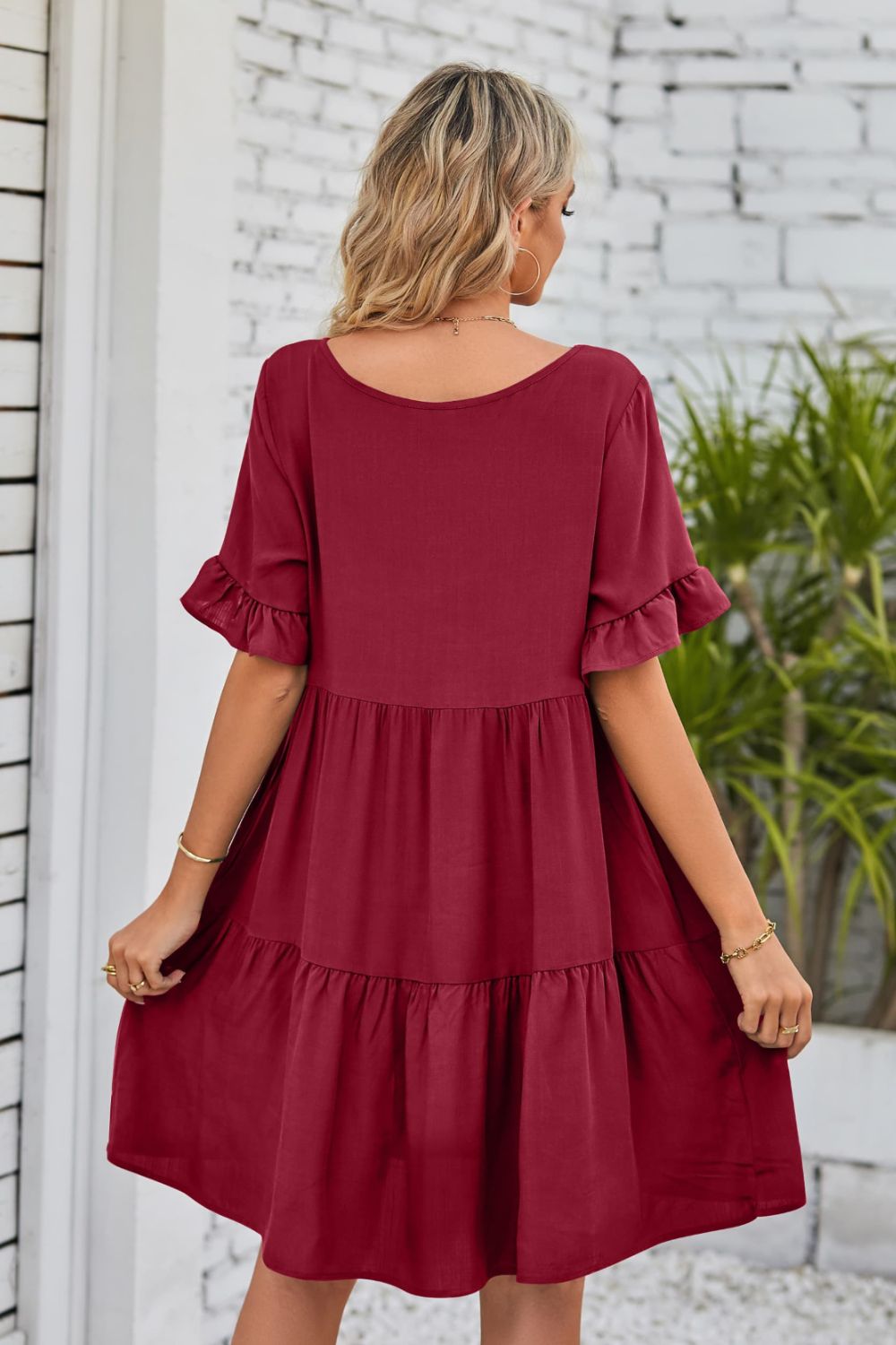 V-Neck Flounce Sleeve Tiered Dress - AllIn Computer