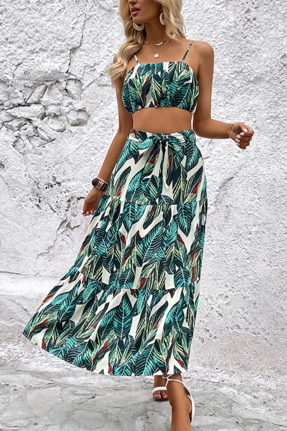 Botanical Print Cami and Tiered Skirt Set - AllIn Computer