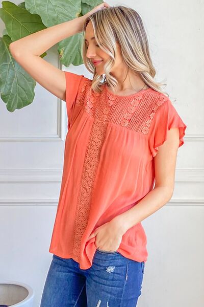 And The Why Lace Detail Ruffle Short Sleeve Blouse - AllIn Computer