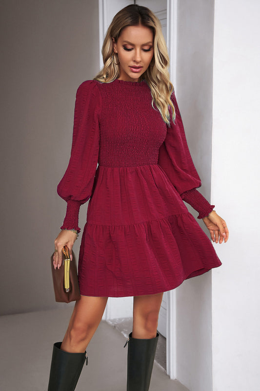 Smocked Lantern Sleeve Mini Dress - AllIn Computer