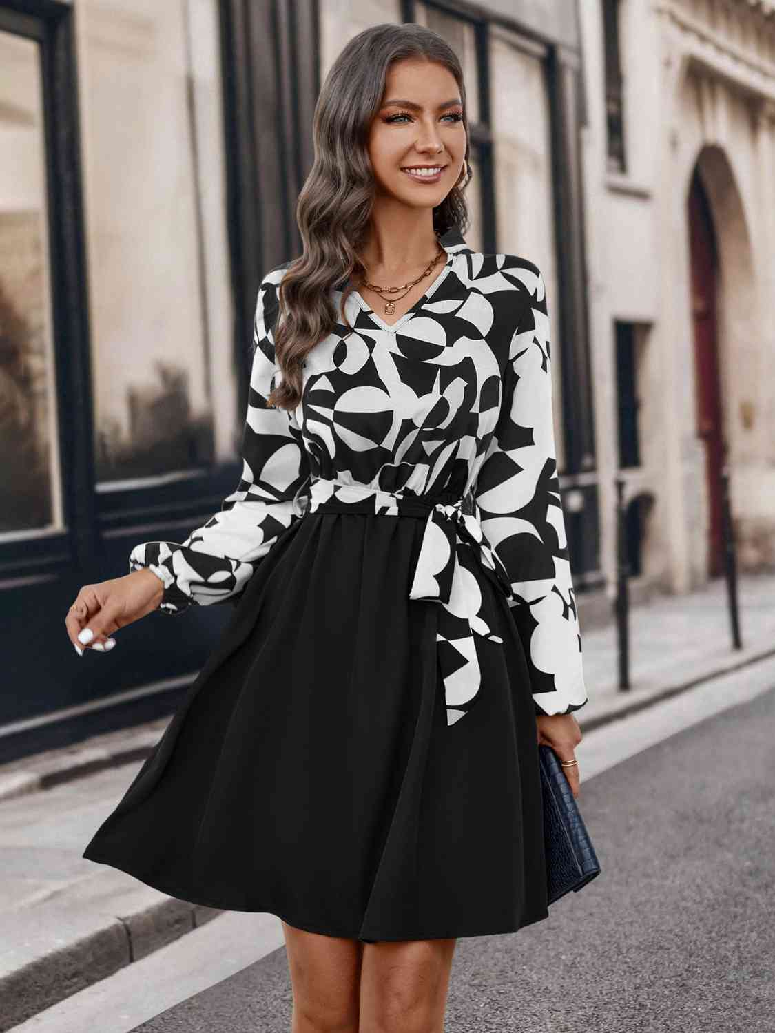Contrast Notched Tie Front Long Sleeve Dress - AllIn Computer