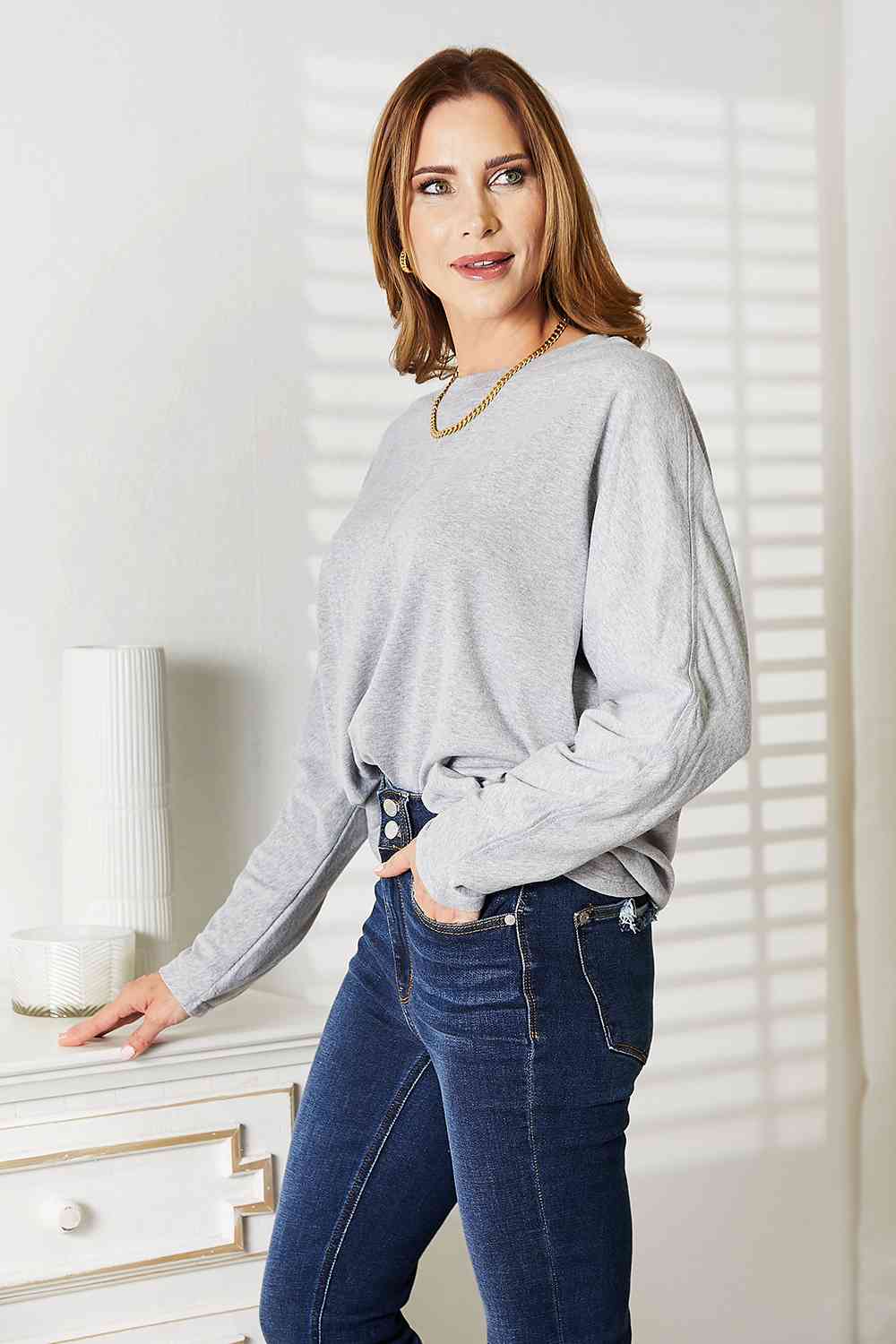 Double Take Seam Detail Round Neck Long Sleeve Top - AllIn Computer